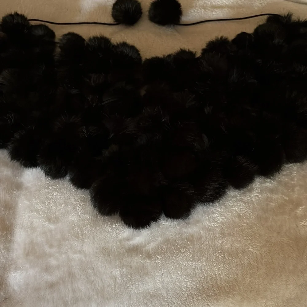 100% Rabbit Fur Pom Pom Scarf w Shawl  - Black & Brown Cejon Accessories ??